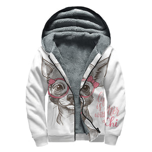 Cute Chihuahua With Glasses Print Sherpa Lined Zip Up Hoodie