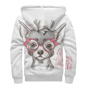 Cute Chihuahua With Glasses Print Sherpa Lined Zip Up Hoodie