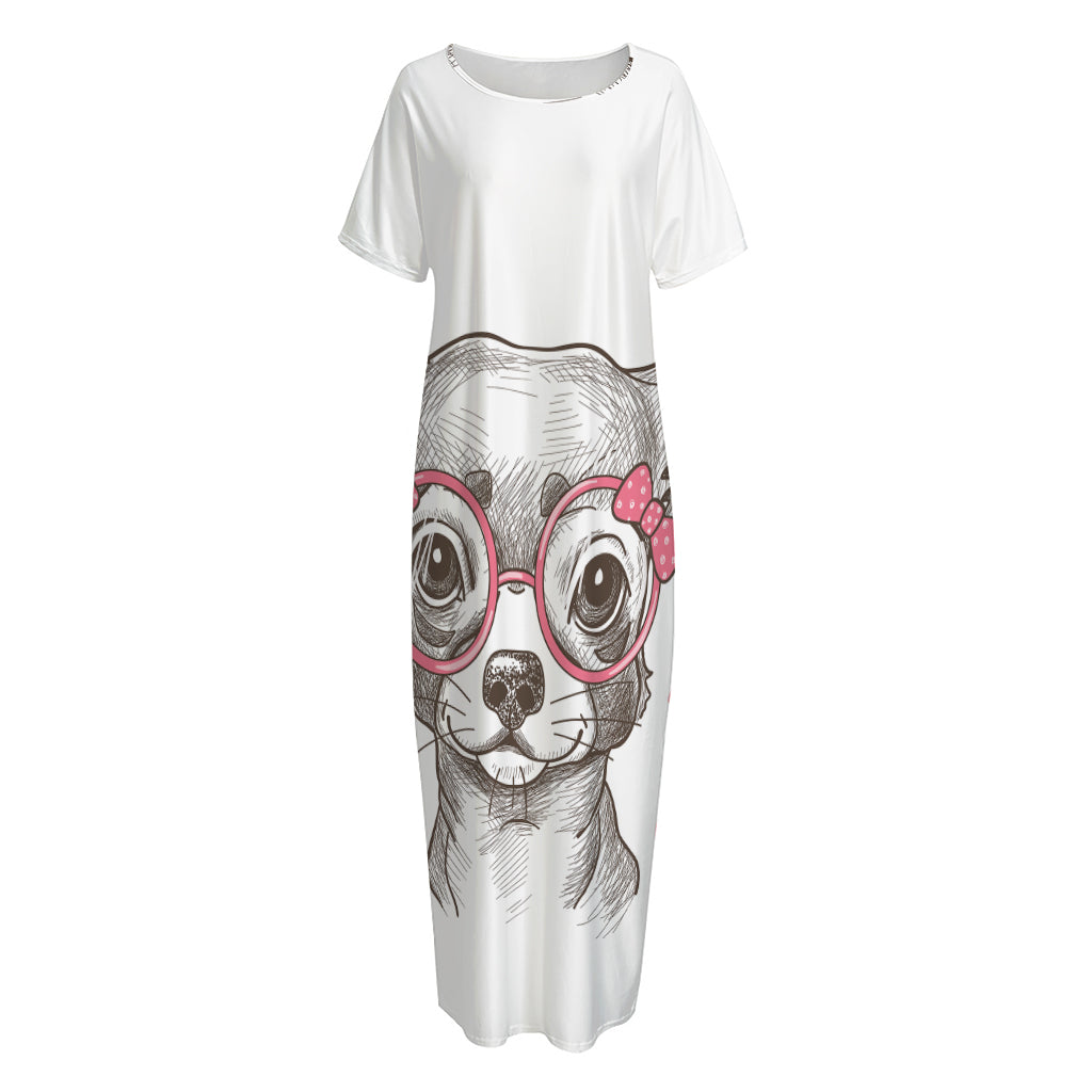 Cute Chihuahua With Glasses Print Short Sleeve Long Nightdress