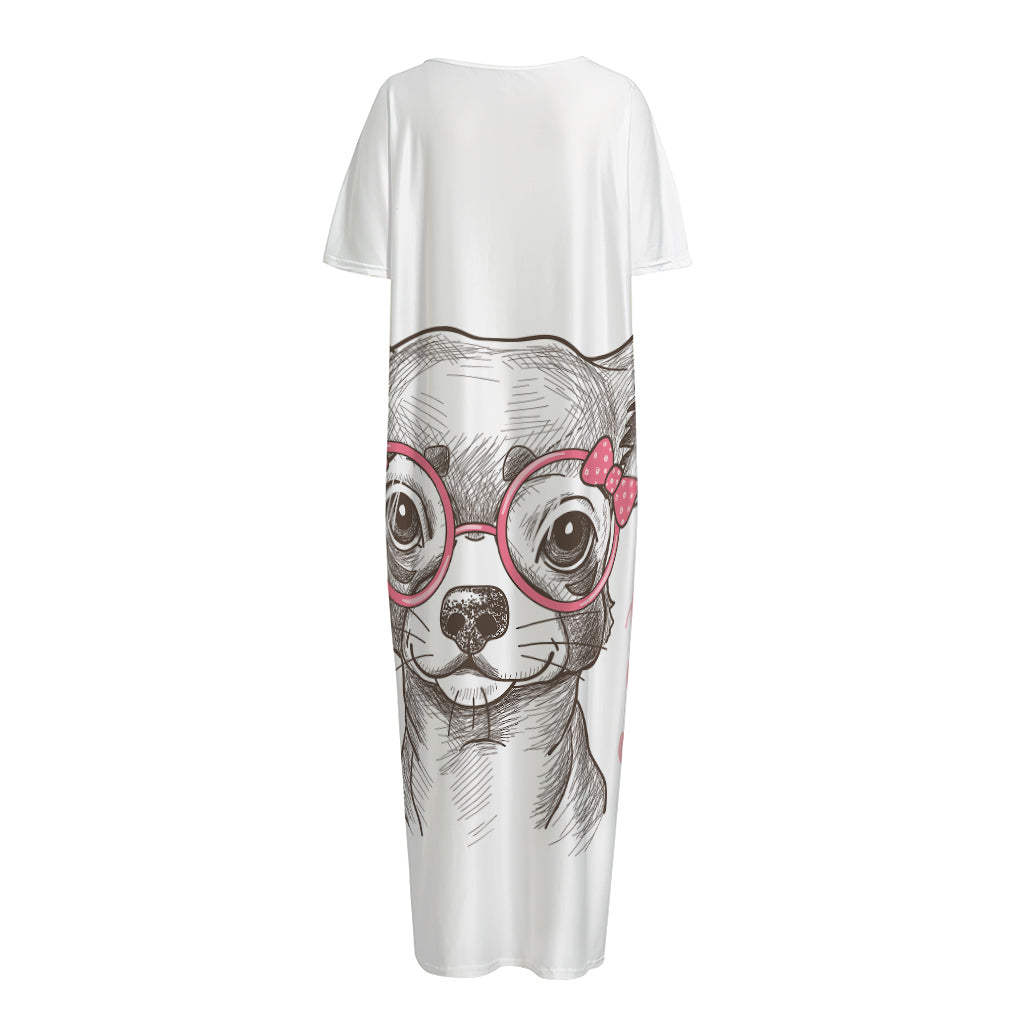 Cute Chihuahua With Glasses Print Short Sleeve Long Nightdress