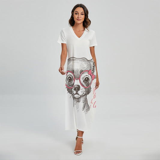Cute Chihuahua With Glasses Print Short Sleeve Maxi Dress