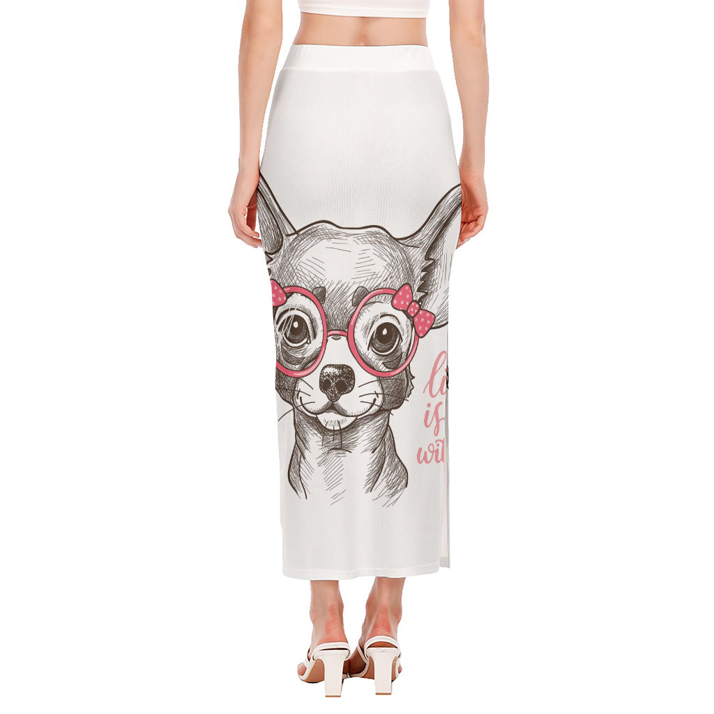 Cute Chihuahua With Glasses Print Side Slit Maxi Skirt