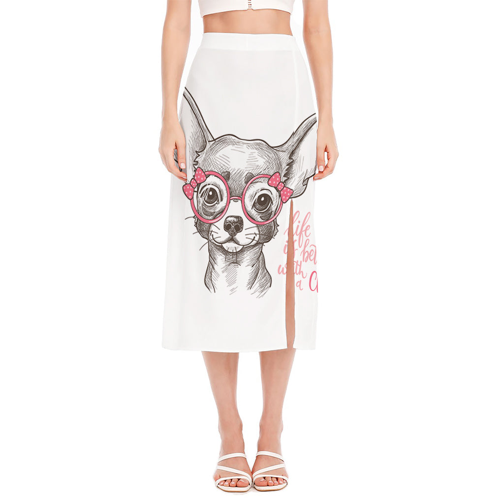 Cute Chihuahua With Glasses Print Side Slit Midi Skirt