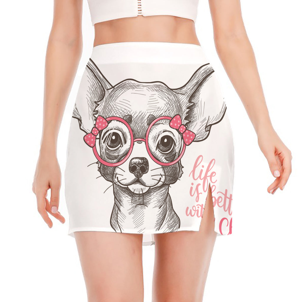 Cute Chihuahua With Glasses Print Side Slit Mini Skirt