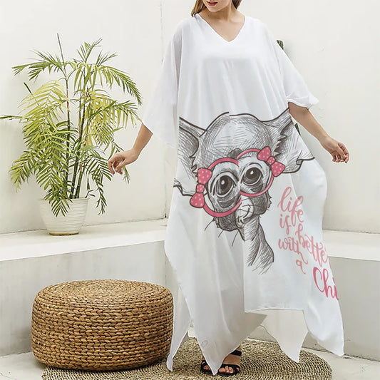 Cute Chihuahua With Glasses Print Silk V-Neck Kaftan Dress