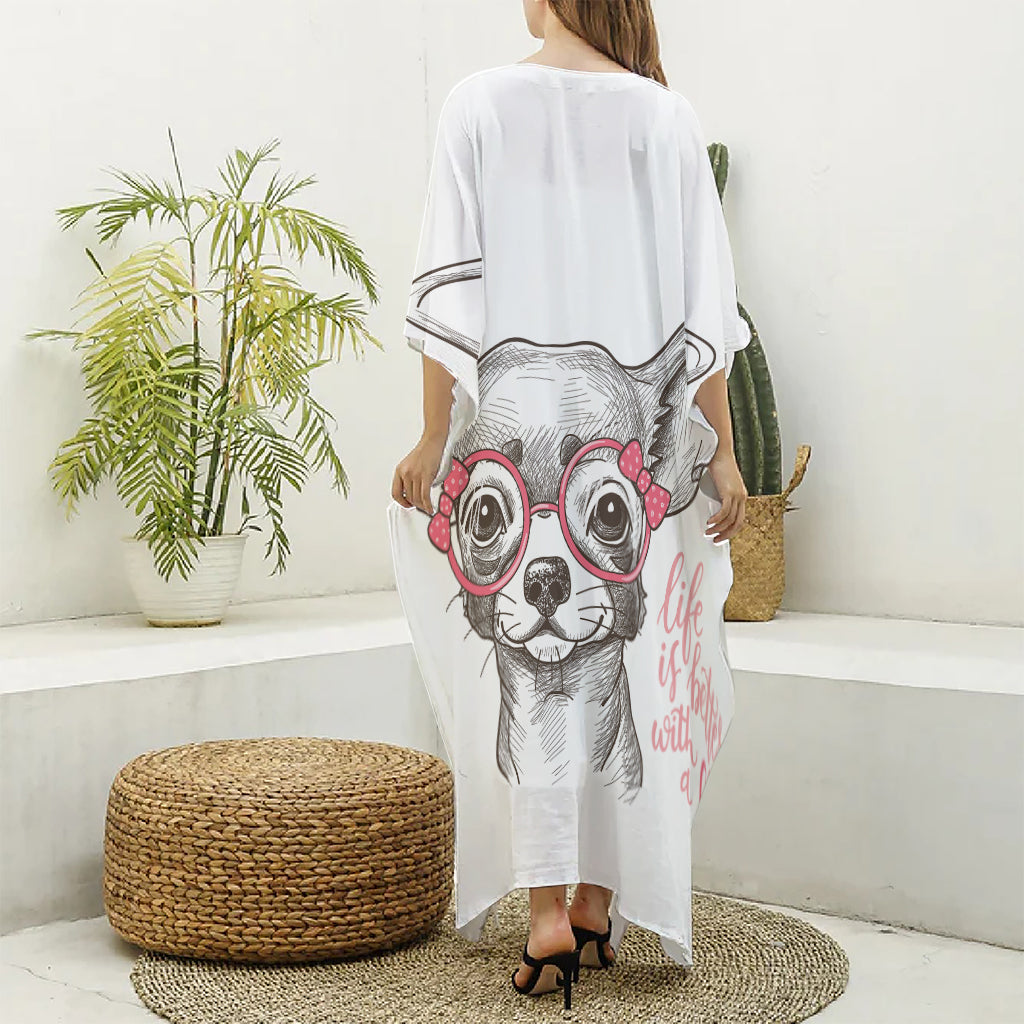 Cute Chihuahua With Glasses Print Silk V-Neck Kaftan Dress