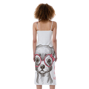 Cute Chihuahua With Glasses Print Slim Fit Midi Cami Dress