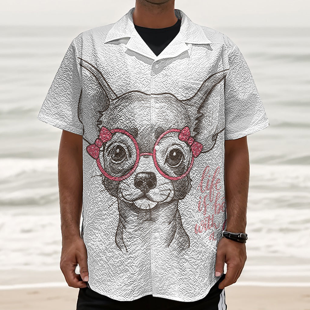 Cute Chihuahua With Glasses Print Textured Short Sleeve Shirt