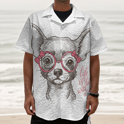 Cute Chihuahua With Glasses Print Textured Short Sleeve Shirt
