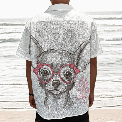 Cute Chihuahua With Glasses Print Textured Short Sleeve Shirt