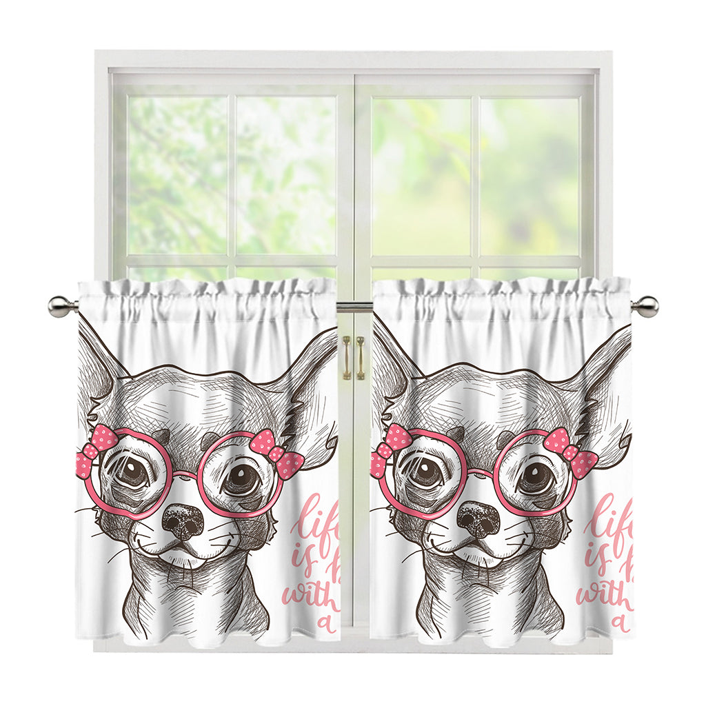Cute Chihuahua With Glasses Print Tier Curtains