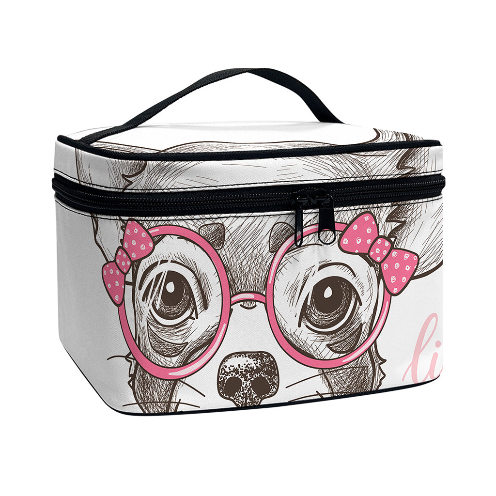 Cute Chihuahua With Glasses Print Travel Makeup Bag
