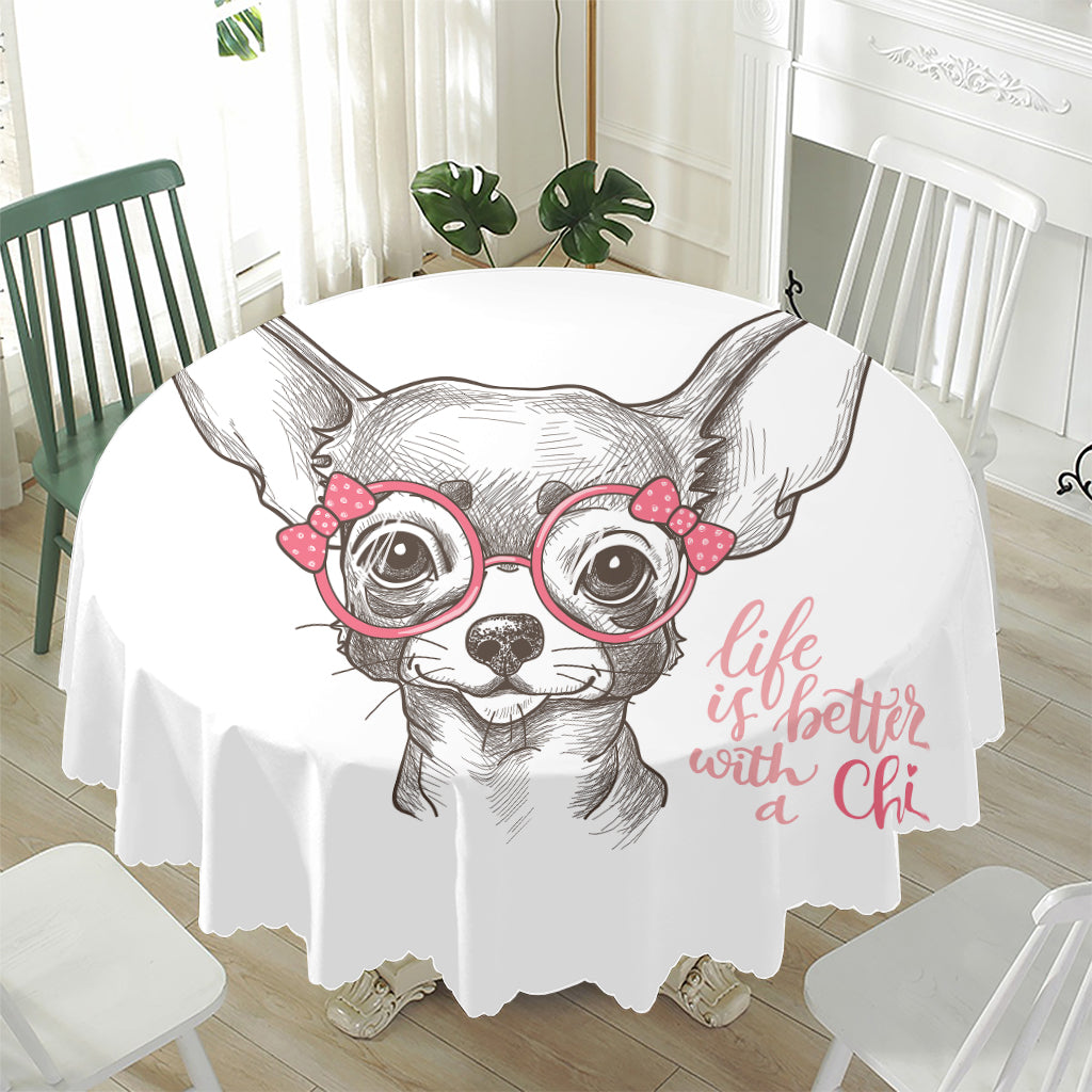 Cute Chihuahua With Glasses Print Waterproof Round Tablecloth