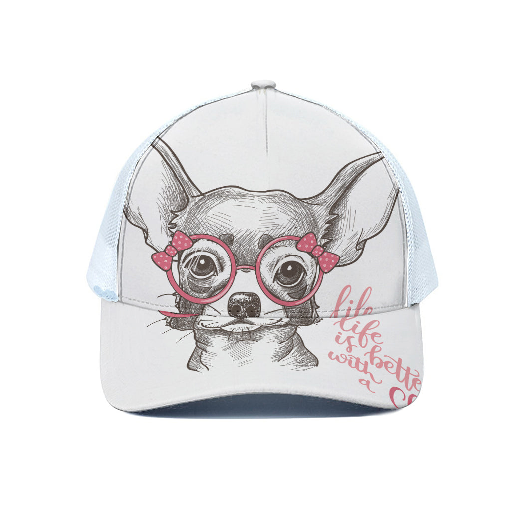 Cute Chihuahua With Glasses Print White Mesh Trucker Cap