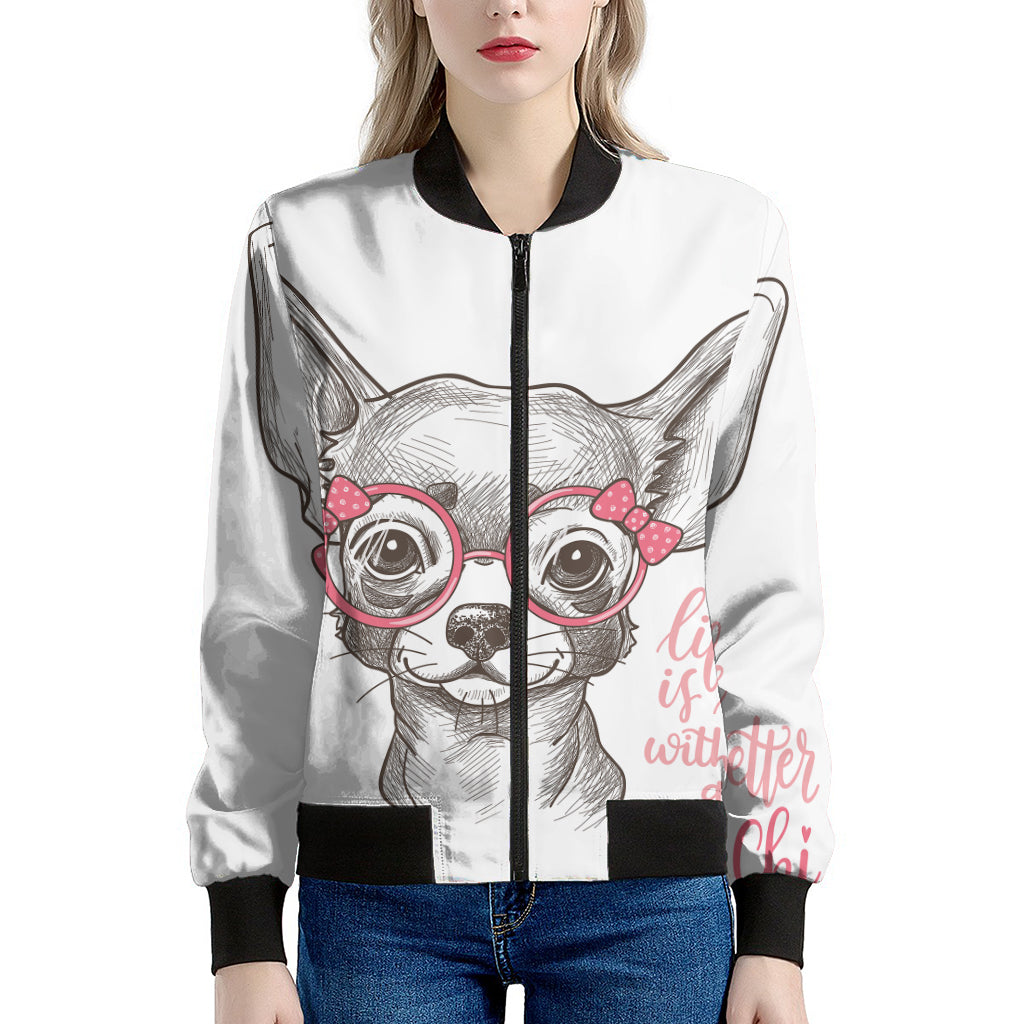 Cute Chihuahua With Glasses Print Women's Bomber Jacket