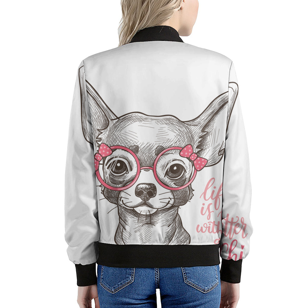 Cute Chihuahua With Glasses Print Women's Bomber Jacket