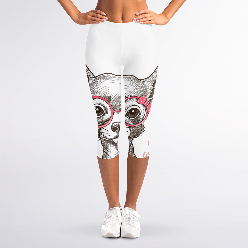 Cute Chihuahua With Glasses Print Women's Capri Leggings