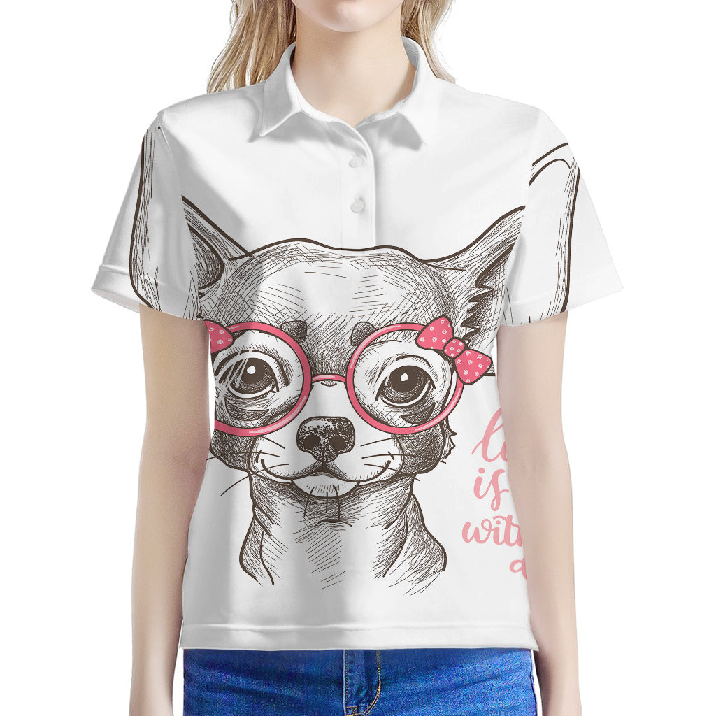 Cute Chihuahua With Glasses Print Women's Polo Shirt