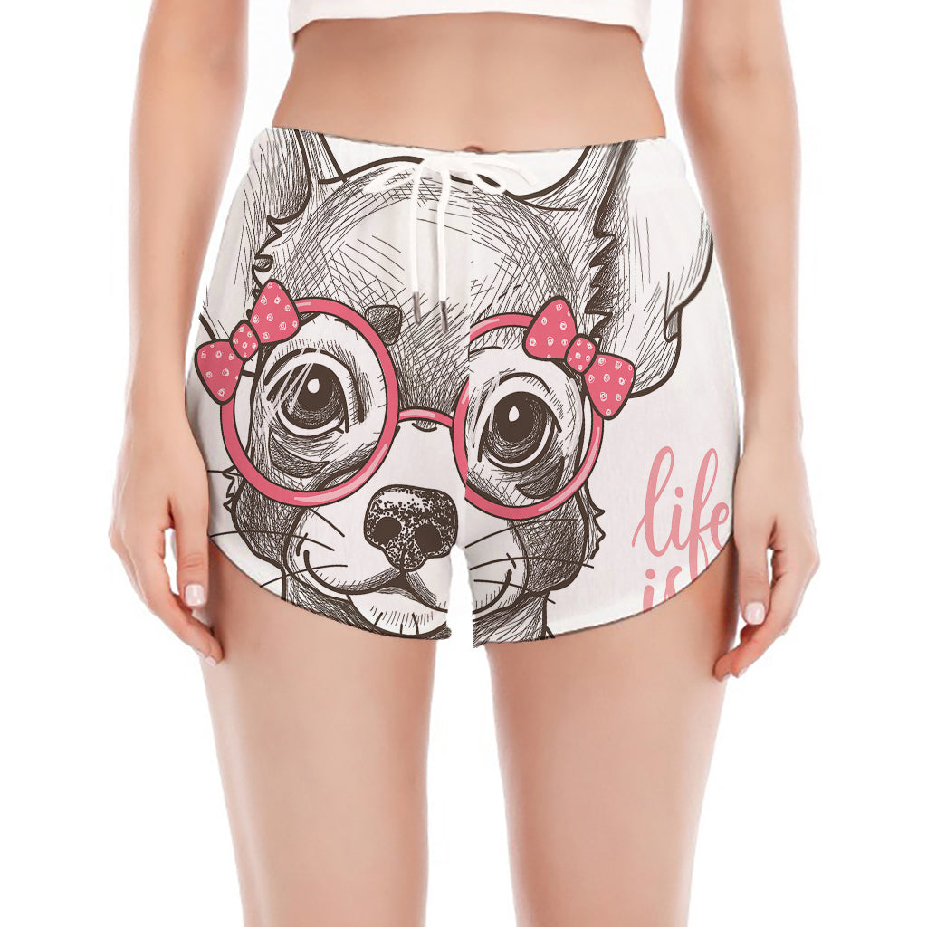 Cute Chihuahua With Glasses Print Women's Split Running Shorts