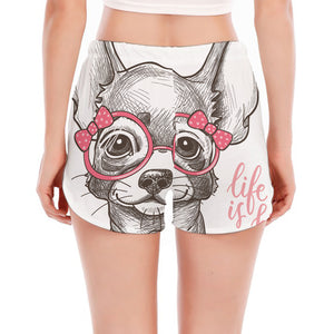 Cute Chihuahua With Glasses Print Women's Split Running Shorts