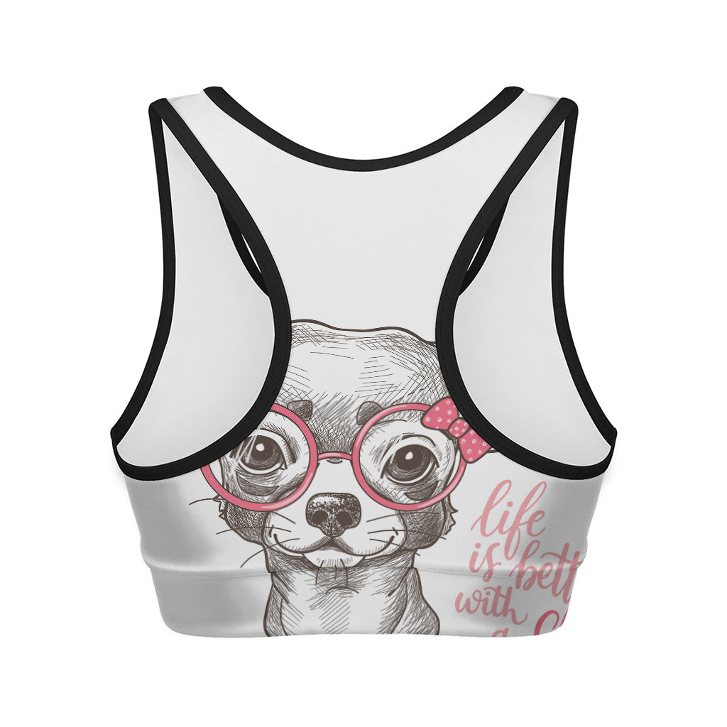 Cute Chihuahua With Glasses Print Women's Sports Bra