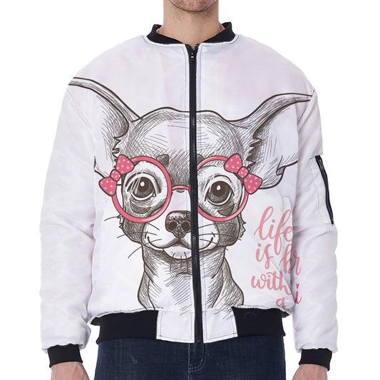 Cute Chihuahua With Glasses Print Zip Sleeve Bomber Jacket