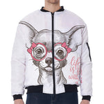 Cute Chihuahua With Glasses Print Zip Sleeve Bomber Jacket