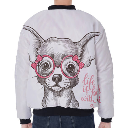 Cute Chihuahua With Glasses Print Zip Sleeve Bomber Jacket
