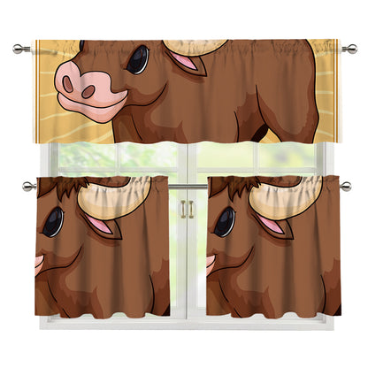 Cute Chinese Ox Zodiac Print 3 Piece Kitchen Curtains