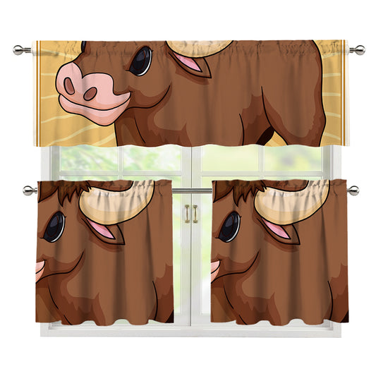 Cute Chinese Ox Zodiac Print 3 Piece Kitchen Curtains