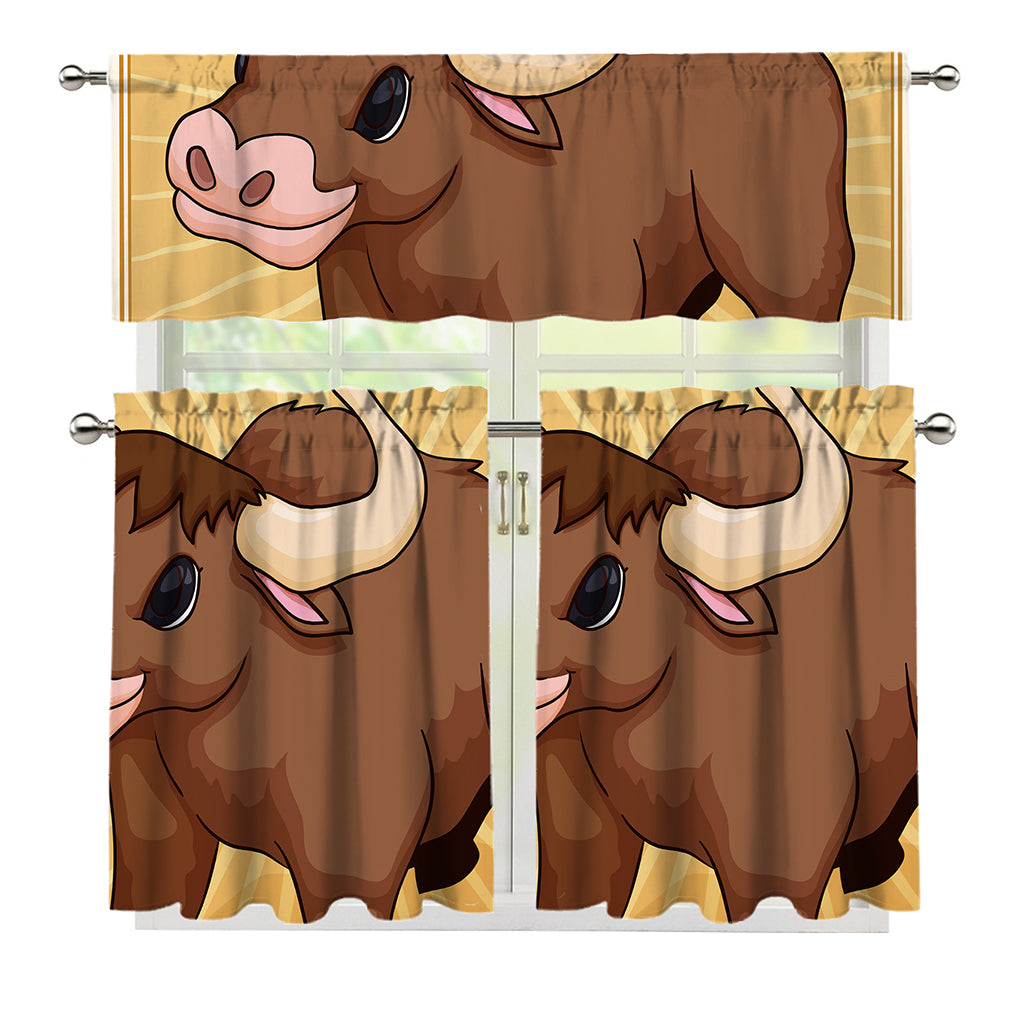 Cute Chinese Ox Zodiac Print 3 Piece Kitchen Curtains