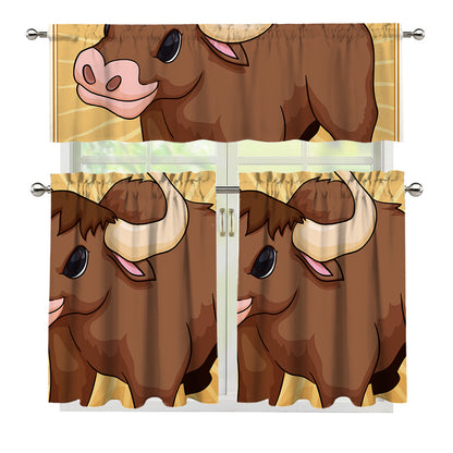 Cute Chinese Ox Zodiac Print 3 Piece Kitchen Curtains