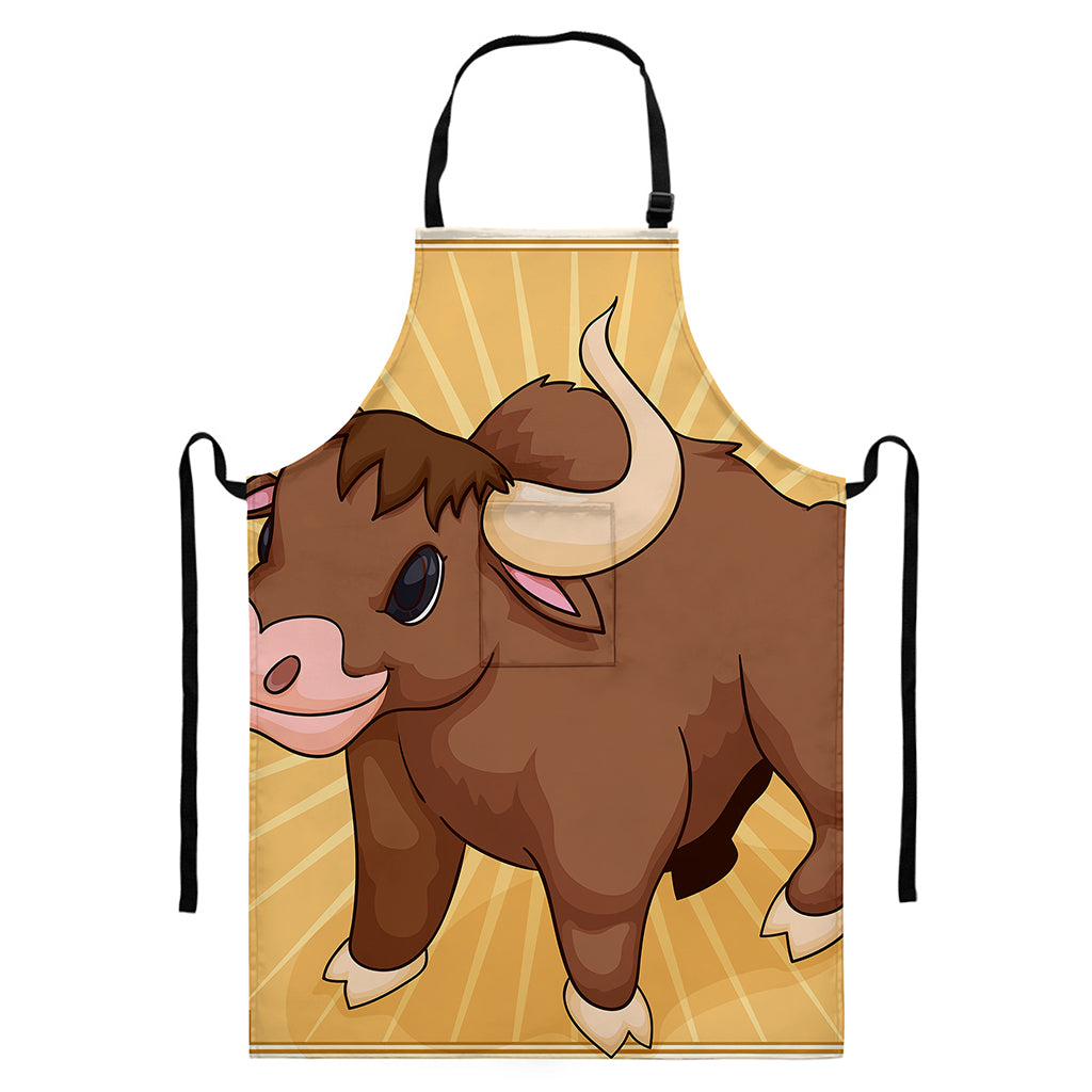 Cute Chinese Ox Zodiac Print Bib Apron With Pocket