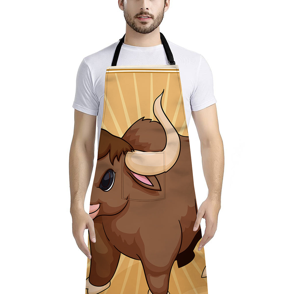 Cute Chinese Ox Zodiac Print Bib Apron With Pocket