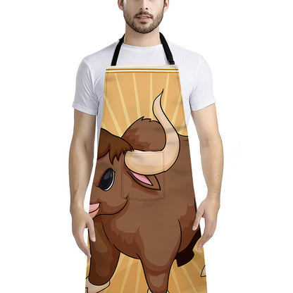 Cute Chinese Ox Zodiac Print Bib Apron With Pocket