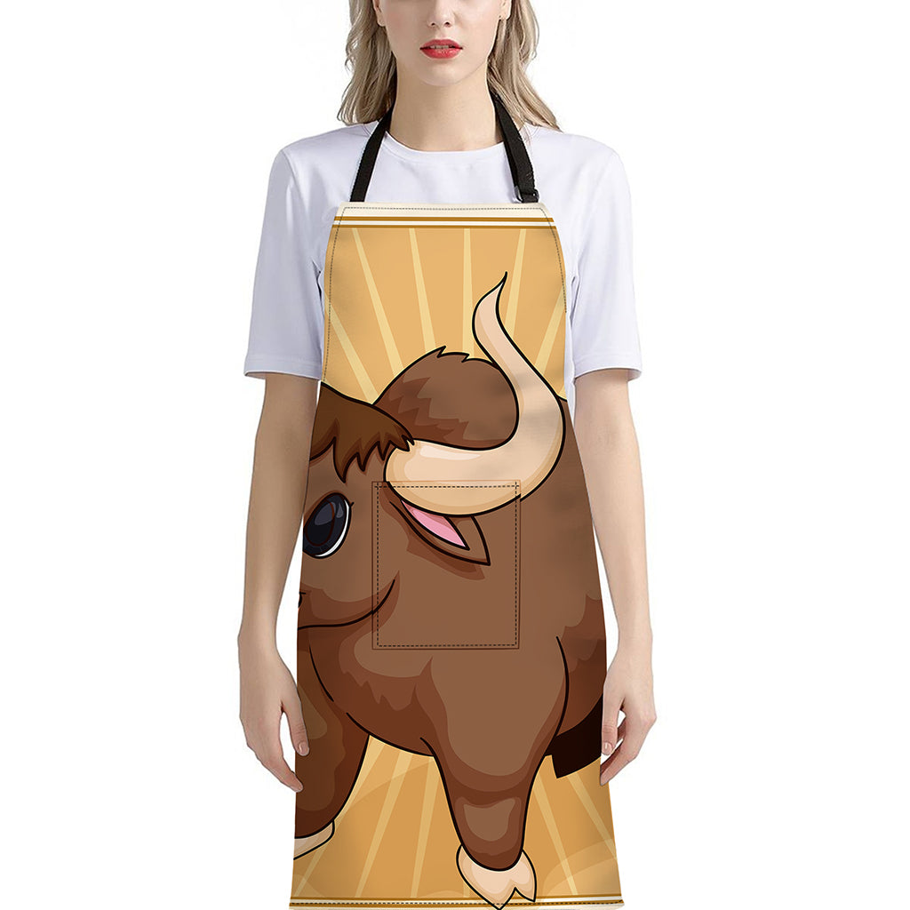 Cute Chinese Ox Zodiac Print Bib Apron With Pocket