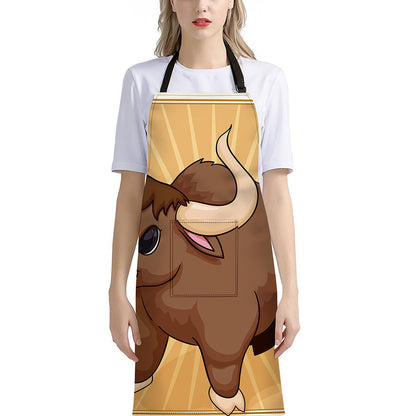 Cute Chinese Ox Zodiac Print Bib Apron With Pocket