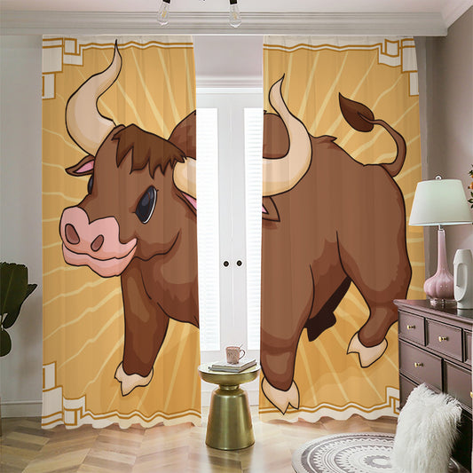 Cute Chinese Ox Zodiac Print Blackout Pencil Pleat Curtains