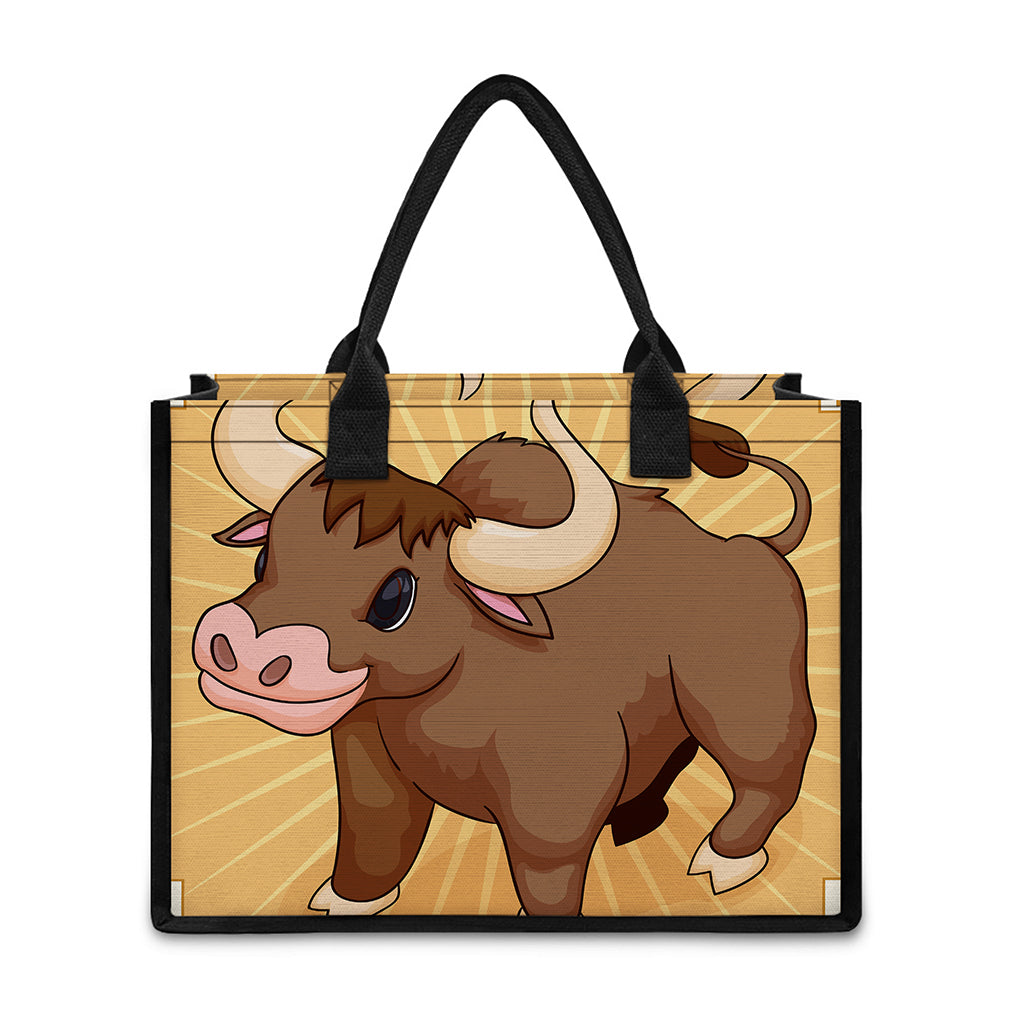 Cute Chinese Ox Zodiac Print Canvas Tote Bag