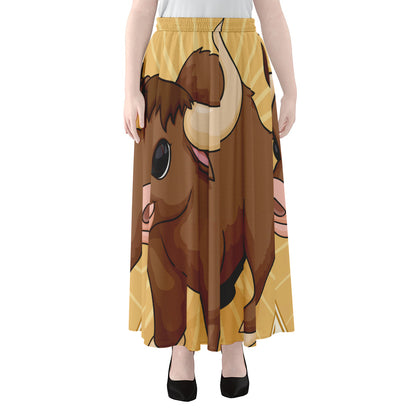 Cute Chinese Ox Zodiac Print Chiffon Maxi Skirt