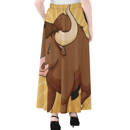 Cute Chinese Ox Zodiac Print Chiffon Maxi Skirt