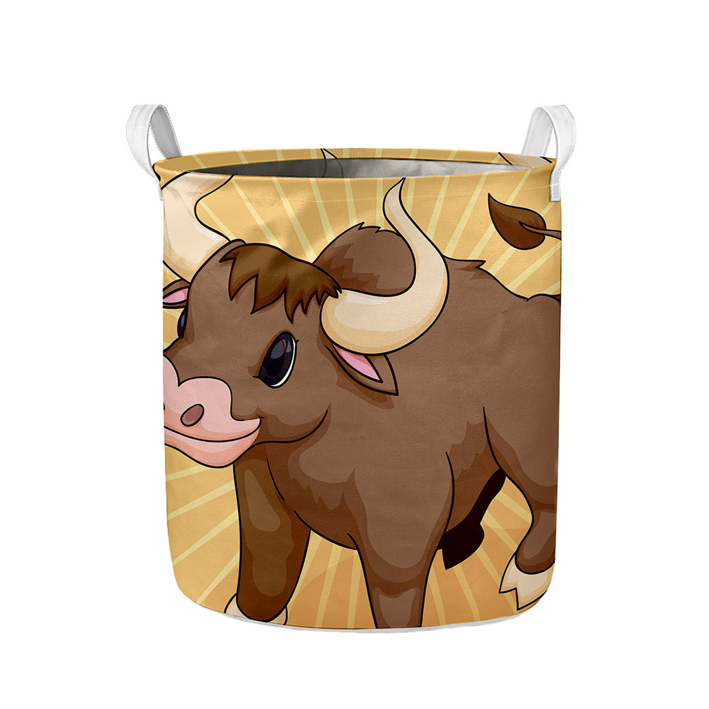 Cute Chinese Ox Zodiac Print Collapsible Laundry Basket