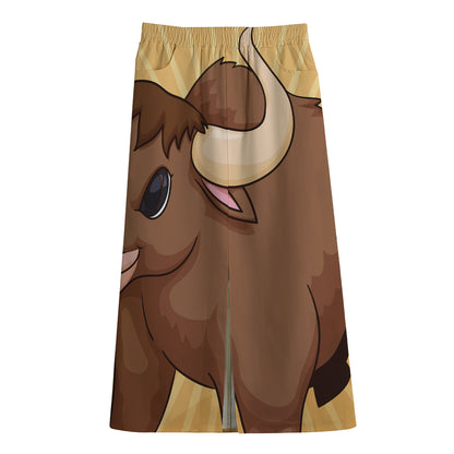Cute Chinese Ox Zodiac Print Cotton Front Slit Maxi Skirt