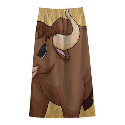 Cute Chinese Ox Zodiac Print Cotton Front Slit Maxi Skirt