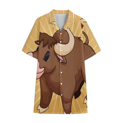 Cute Chinese Ox Zodiac Print Cotton Hawaiian Shirt