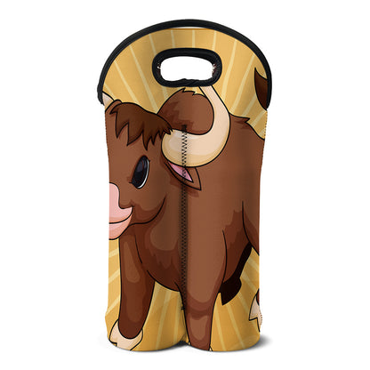 Cute Chinese Ox Zodiac Print Double Neoprene Wine Tote