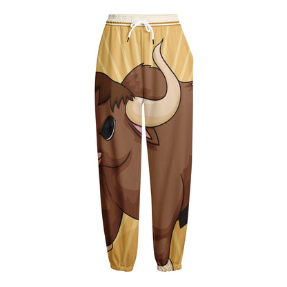 Cute Chinese Ox Zodiac Print Fleece Lined Knit Pants