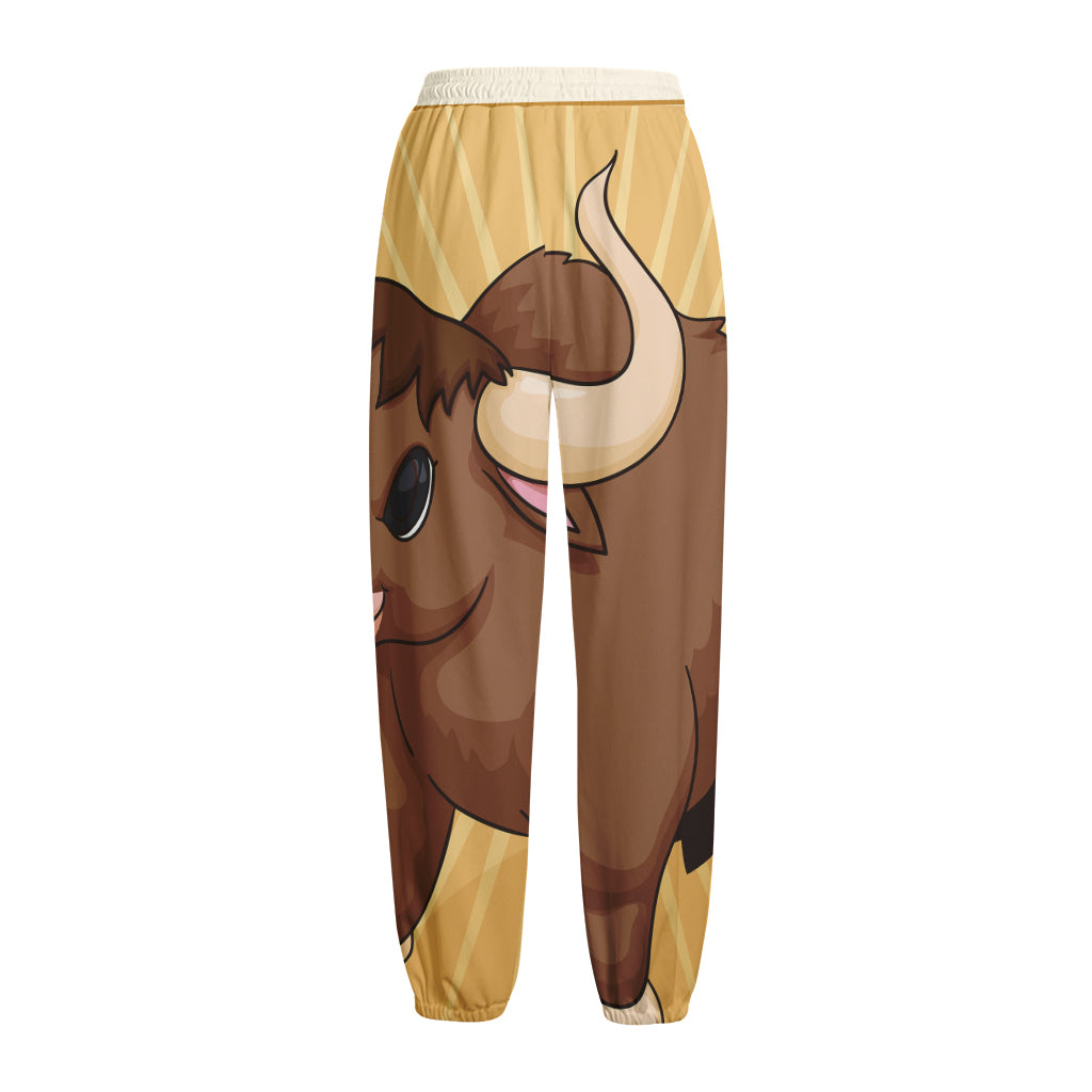 Cute Chinese Ox Zodiac Print Fleece Lined Knit Pants