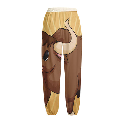 Cute Chinese Ox Zodiac Print Fleece Lined Knit Pants