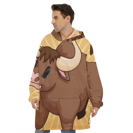 Cute Chinese Ox Zodiac Print Hoodie Blanket